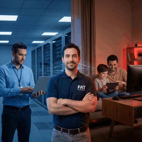 Técnico de FAT Computación con un equipo de trabajo en un centro de datos y una familia usando tecnología en su casa