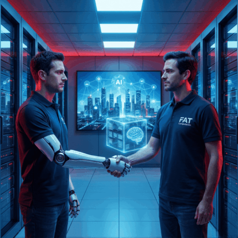 Dos profesionales estrechan las manos en un centro de datos junto a una visualización de inteligencia artificial